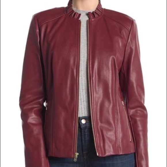 Cole Haan Ruffle Collar Faux Leather Jacket - Picture 1 of 10